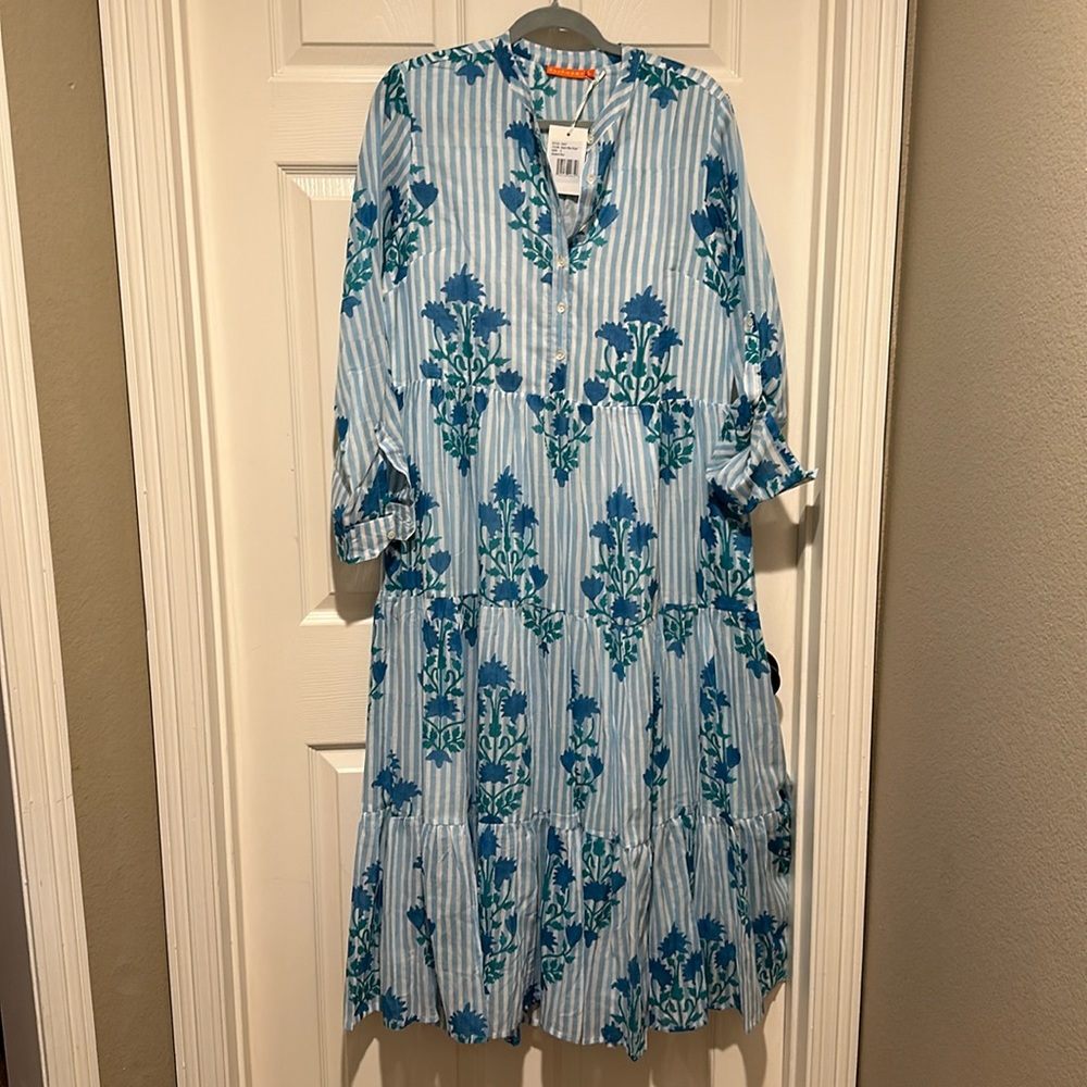 NWT Oliphant Maxi Jaipur Blue Stripe Mandarin Dress Size L. Brand New with tags.